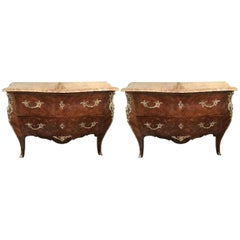 Pair of Louis XV Style Bombe Bronze Mounted Commodes with Rouge Marble Tops