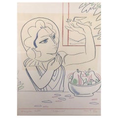 Vintage Enhanced Lithograph / Original Drawing of Paloma Picasso by Francoise Gilot