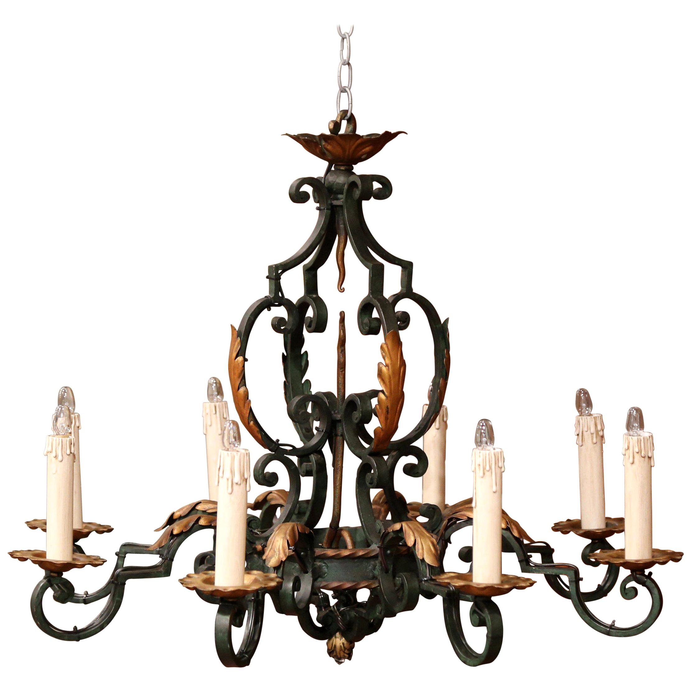 Early 20th Century French Louis XV Verdigris & Gilt Eight-Light Iron Chandelier