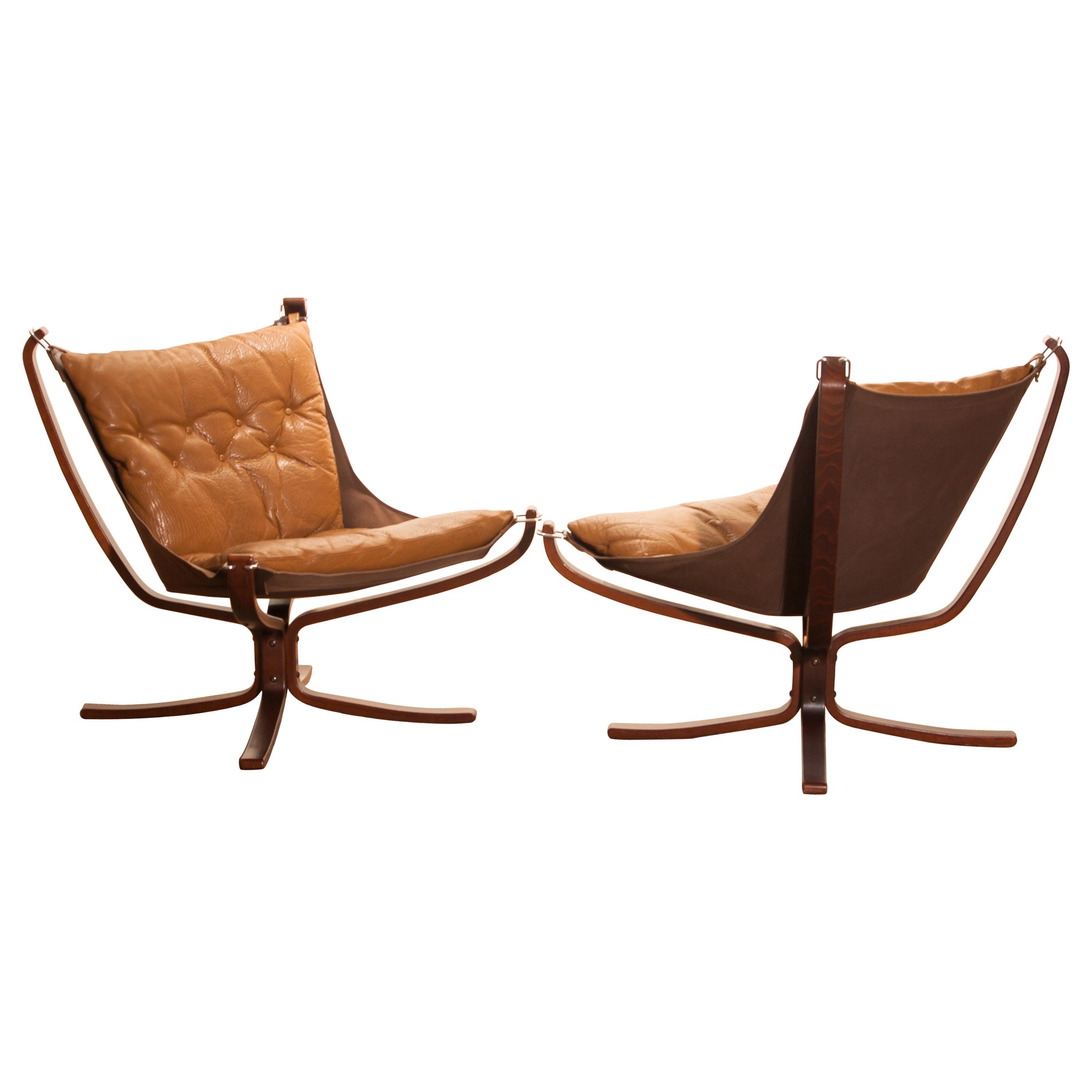 Set of Camel Leather 'Falcon' Lounge Chairs or Easy Chairs by Sigurd Ressell