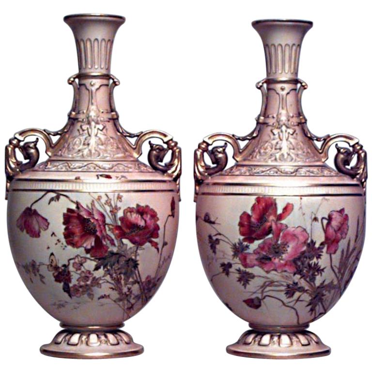 Pair of English Victorian Royal Worcester Floral Design Vases For Sale