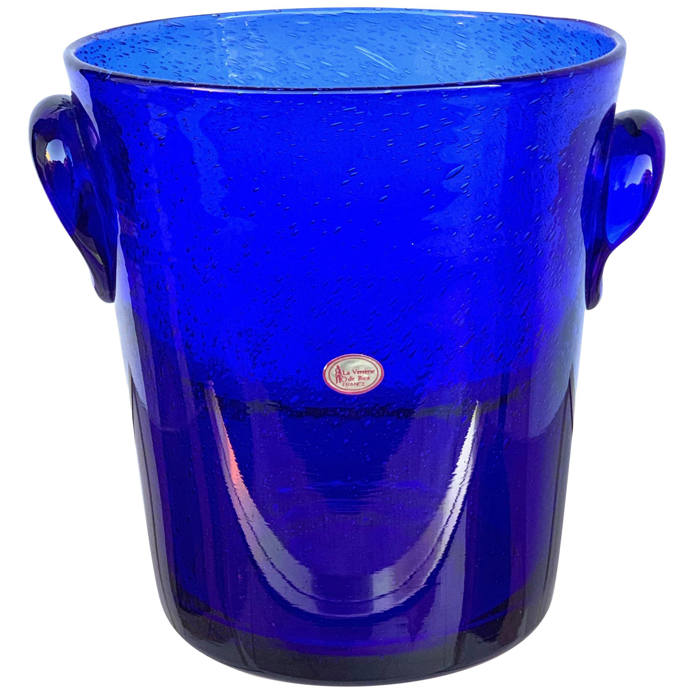 Ice Bucket in Blue Glass with Bubbles, La Verrerie De Biot, France, 1980s
