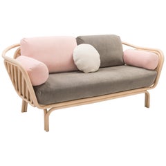 French Design Rattan and Wicker Sofa with Powdery Pink and Grey Fabric