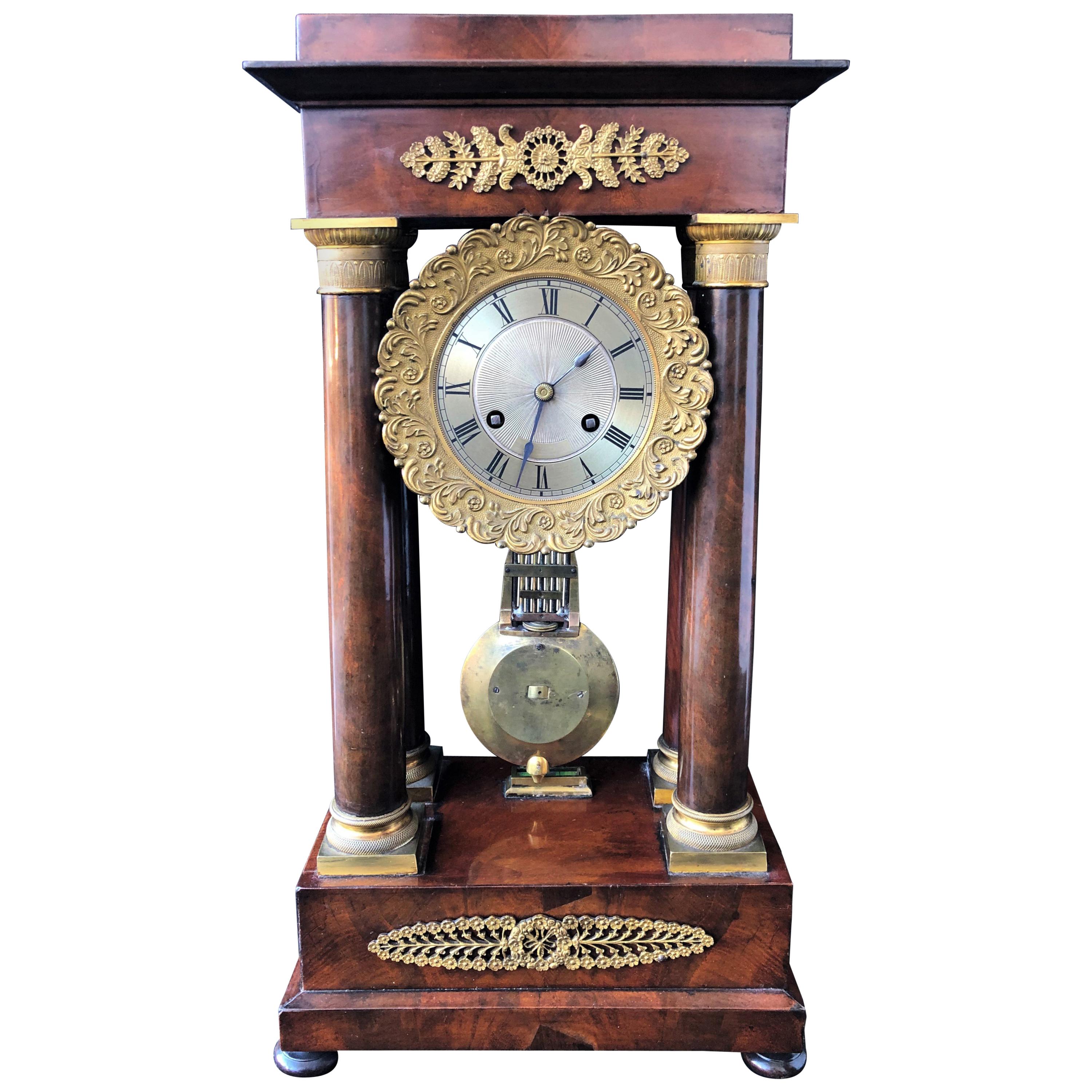 Antique French Empire Portico Clock circa 1820, Charles X, Mahogany and Bronze For Sale
