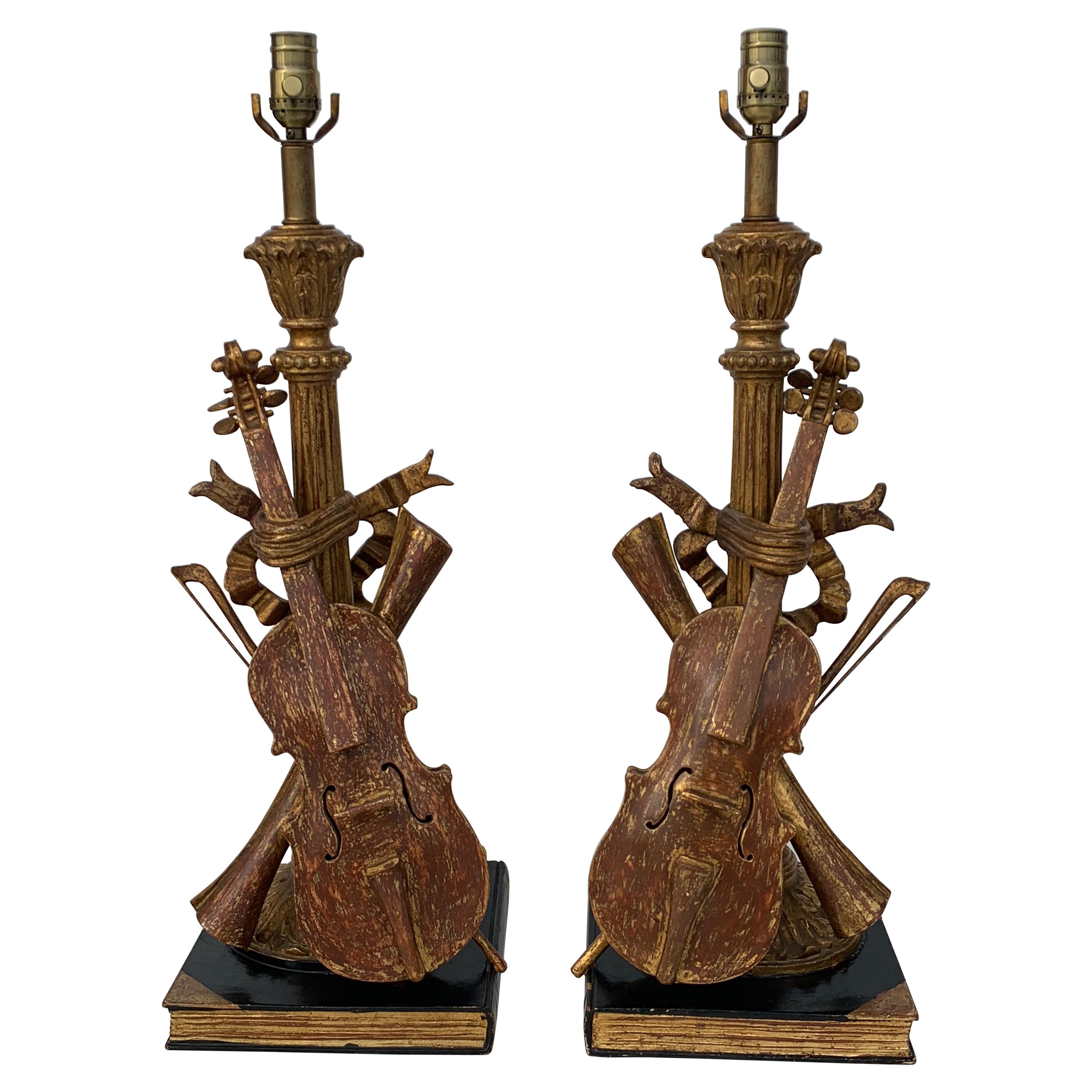 Pair of Violin Gold Leaf Lamps For Sale