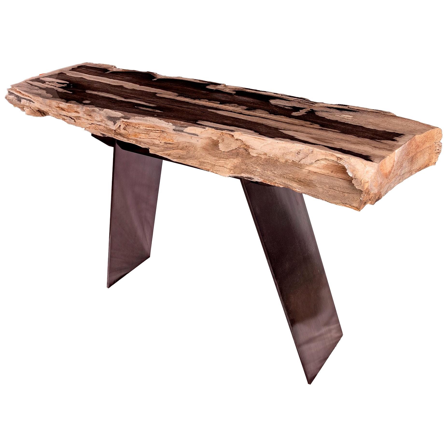 Console Table, Petrified Wood with Metal Base