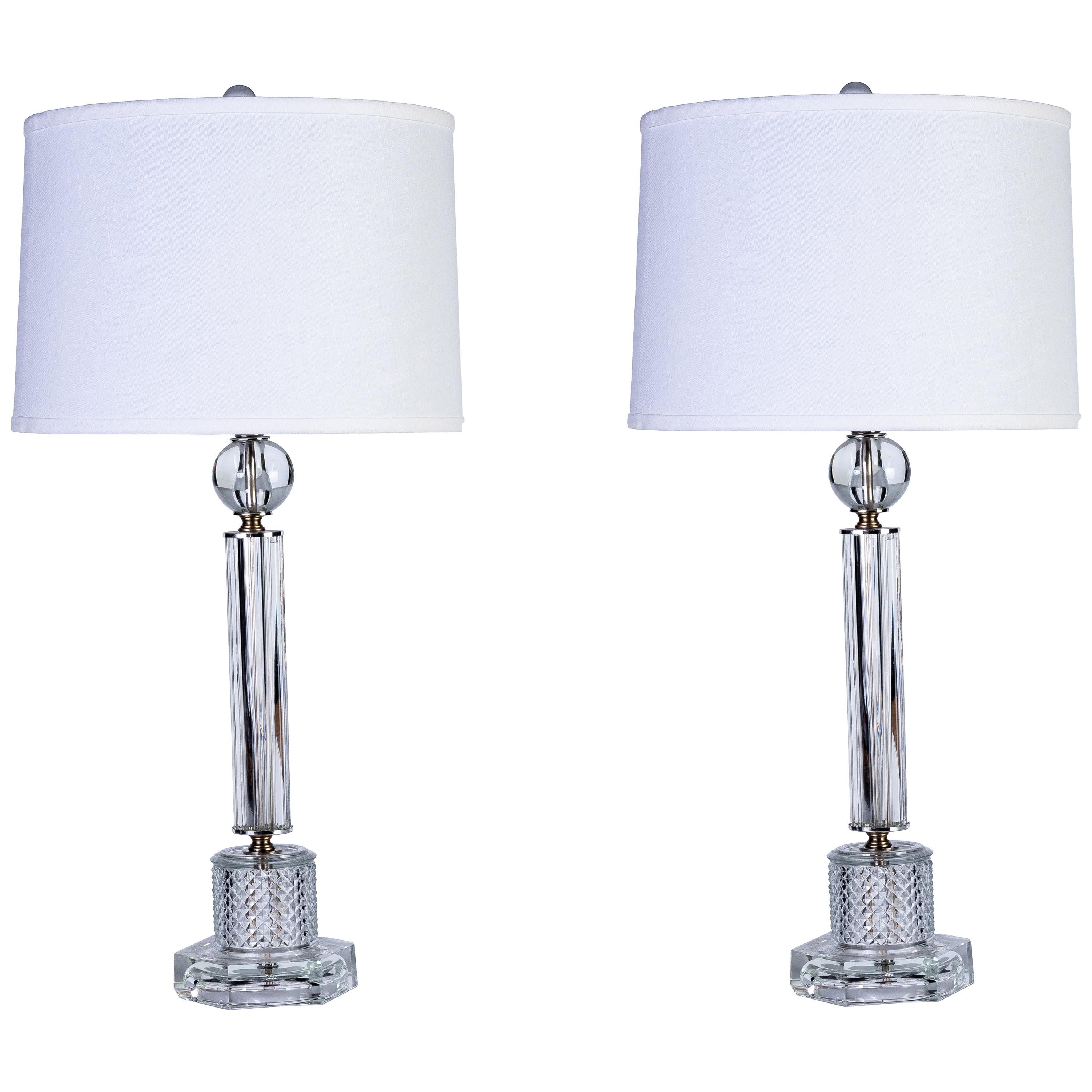 Luxe Pair of 1940s Stacked Crystal Table Lamps For Sale