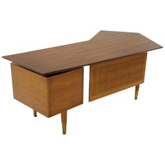 Danish Modern Desk, Large Asymmetrical Walnut Top, Cane Modesty Panels