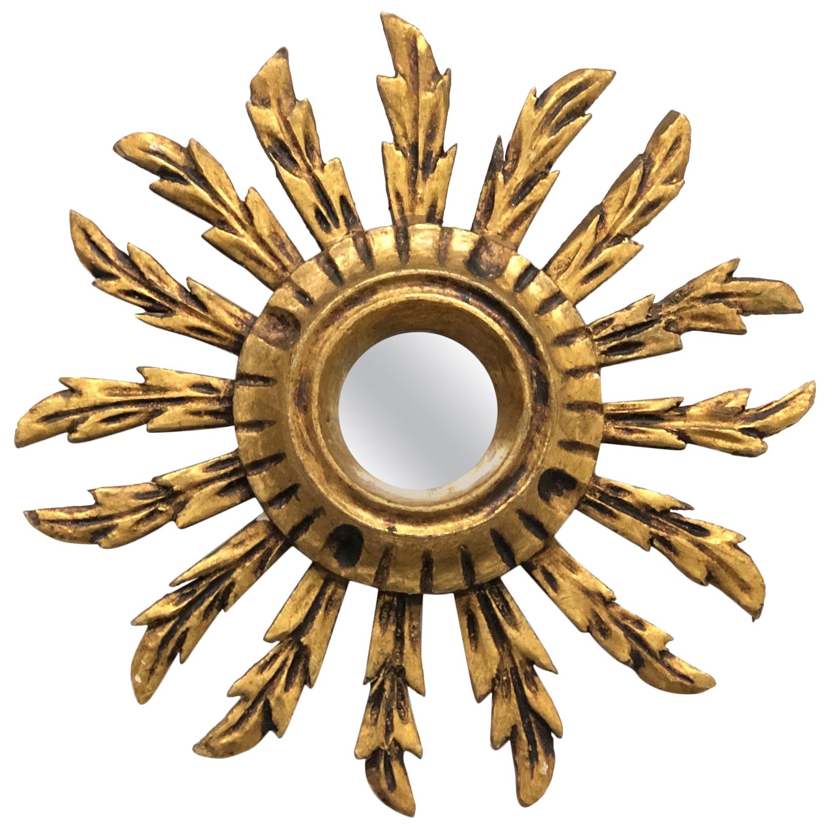 Petite French Starburst Sunburst Gilded Wood Mirror, circa 1930s