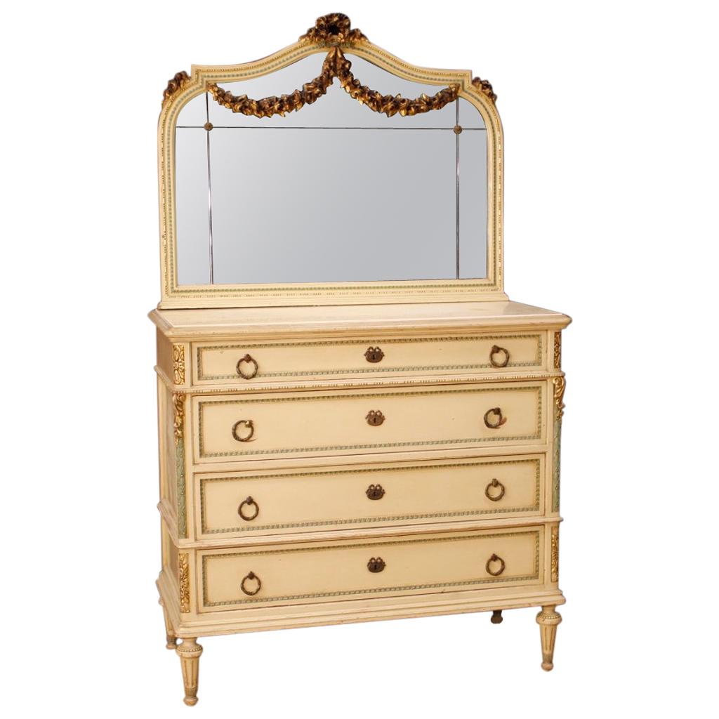 20th Century Lacquered Gilt Wood Italian Louis XVI Dresser with Mirror, 1960 For Sale