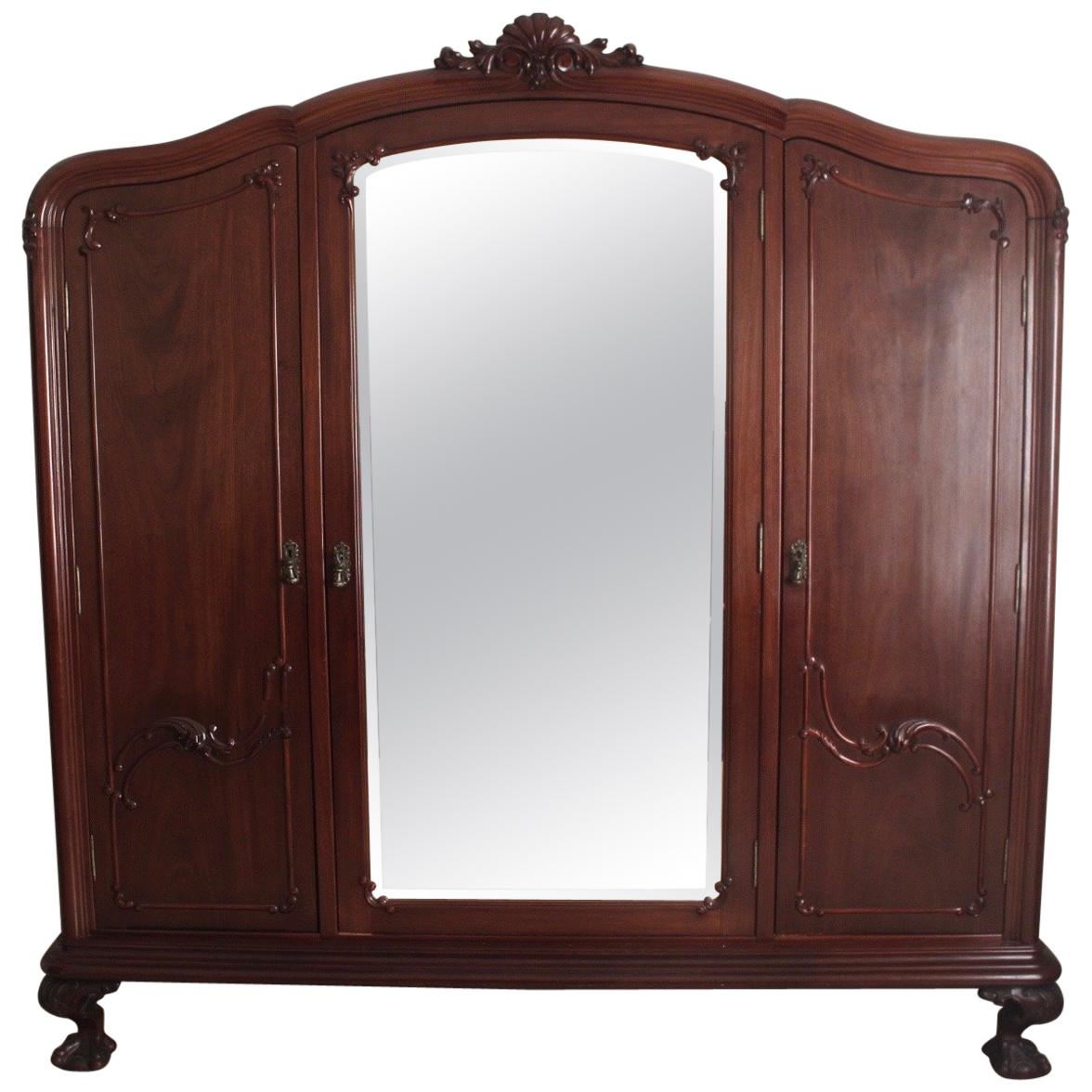 Chippendale Ball & Claw Mahogany Wood Armoire or Wardrobe with 3 Vanity Mirrors For Sale