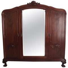 Antique Chippendale Ball & Claw Mahogany Wood Armoire or Wardrobe with 3 Vanity Mirrors