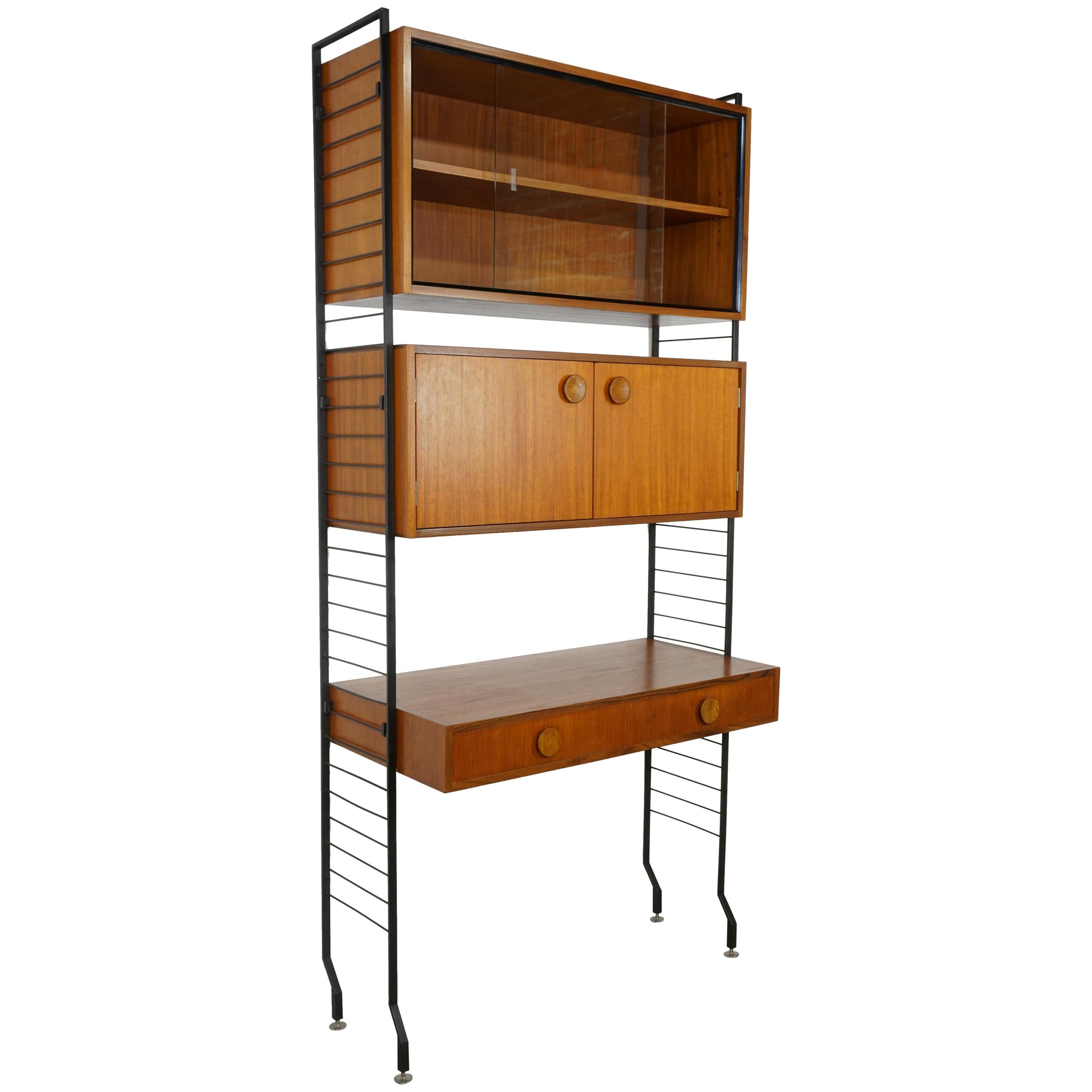 1950s Design Teak Wooden and Black Metal Wall Unit Shelves or Cabinet