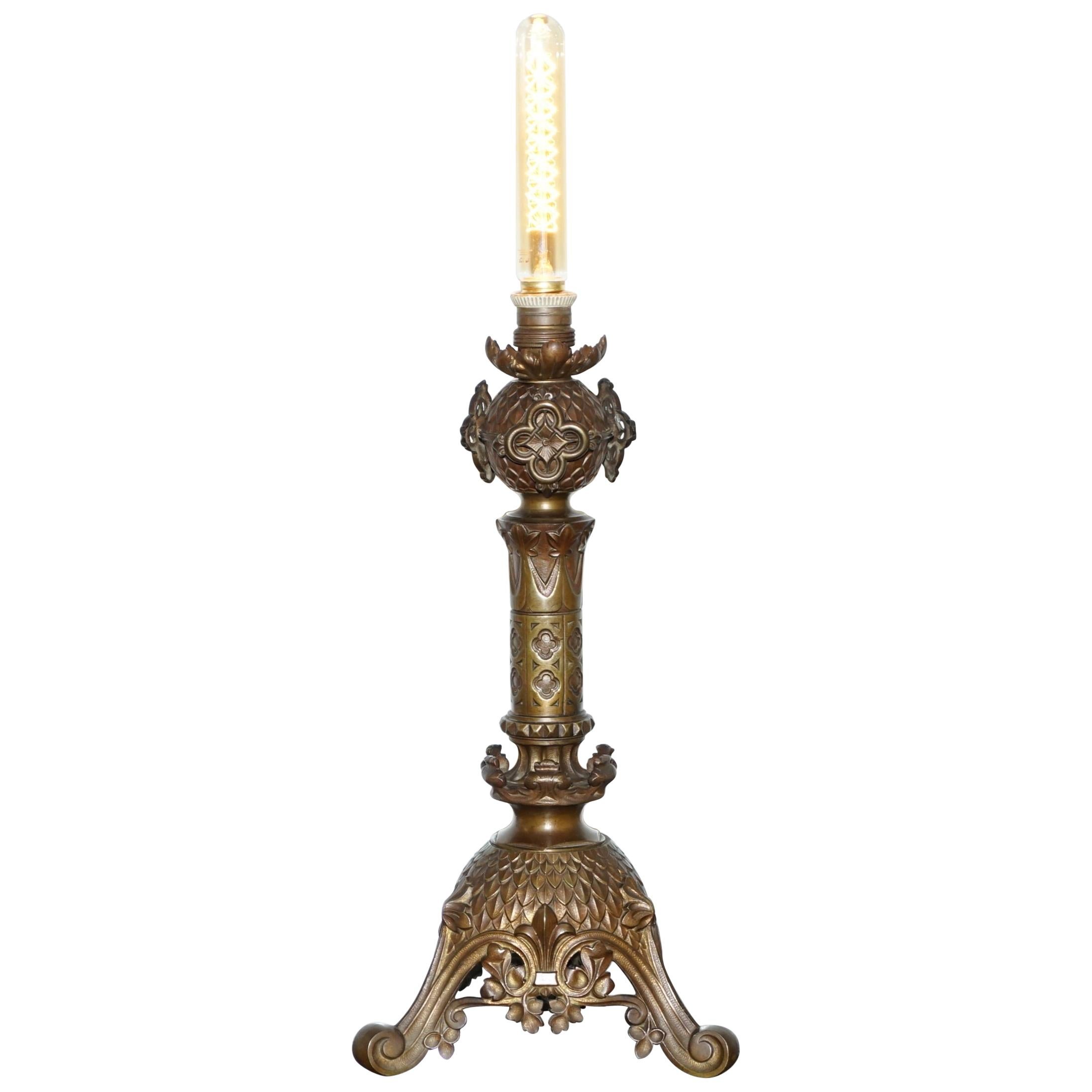 Rare 1820 Pugin Gothic Large Solid Bronze Candlestick Lamp Conversion Religious