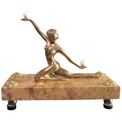 Art Deco Marble Golden Bronze Acrobat Woman Sculpture, Signed by Renaud