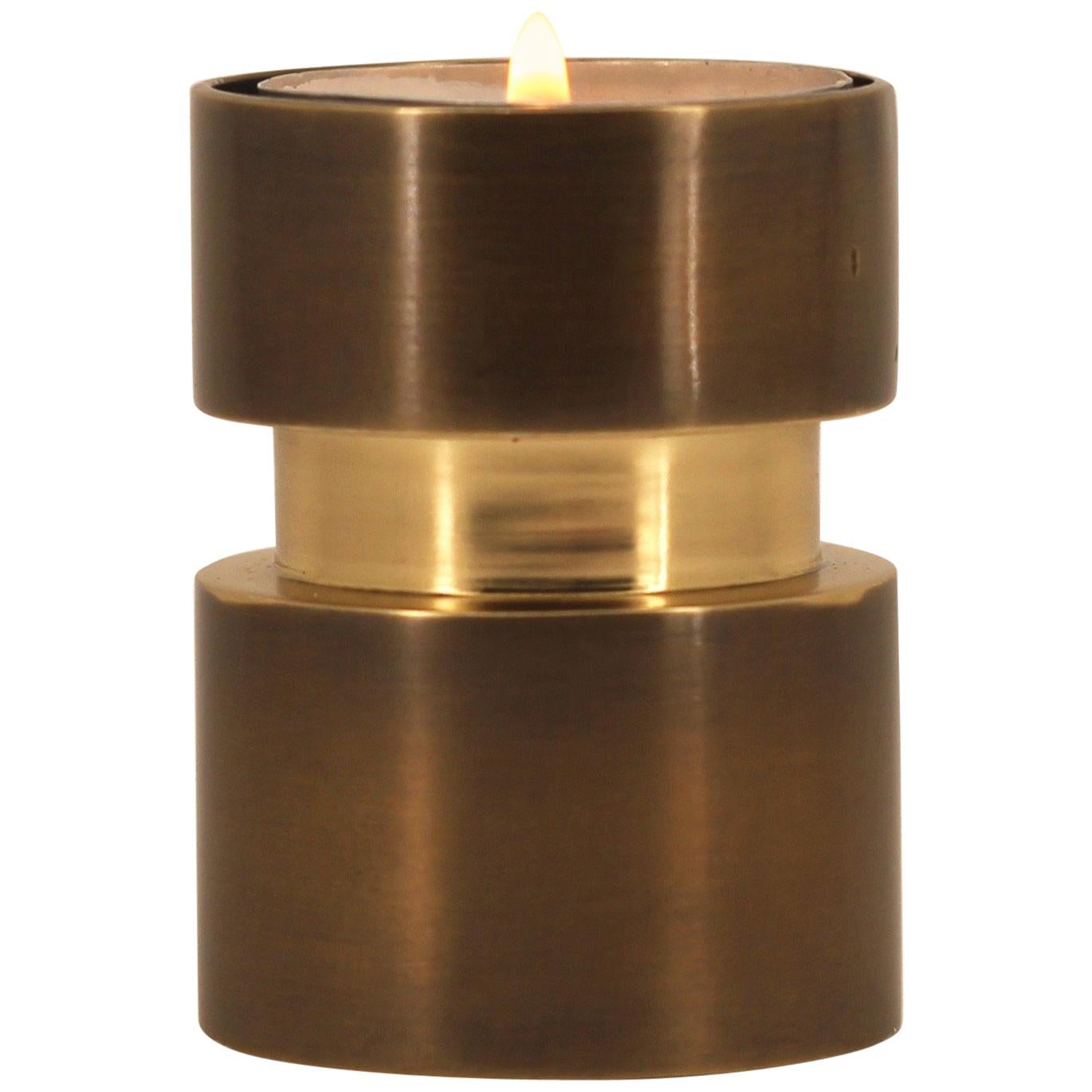 Organic Modern Reversible Handmade Cast Brass Tea-Light + Taper Candleholder with Bronze Patina For Sale