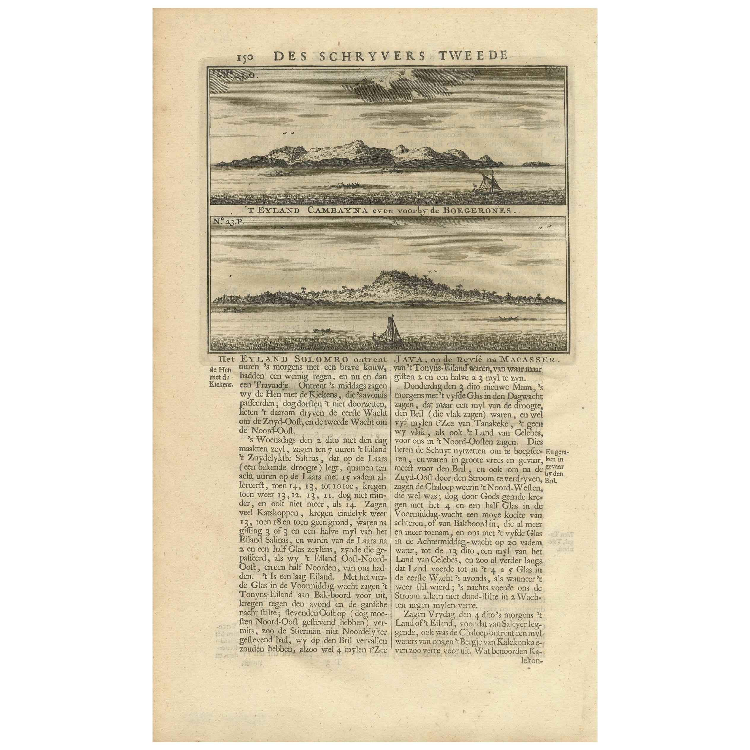 Antique Print of the Islands Cambayna and Solombo by Valentijn, 1726 For Sale
