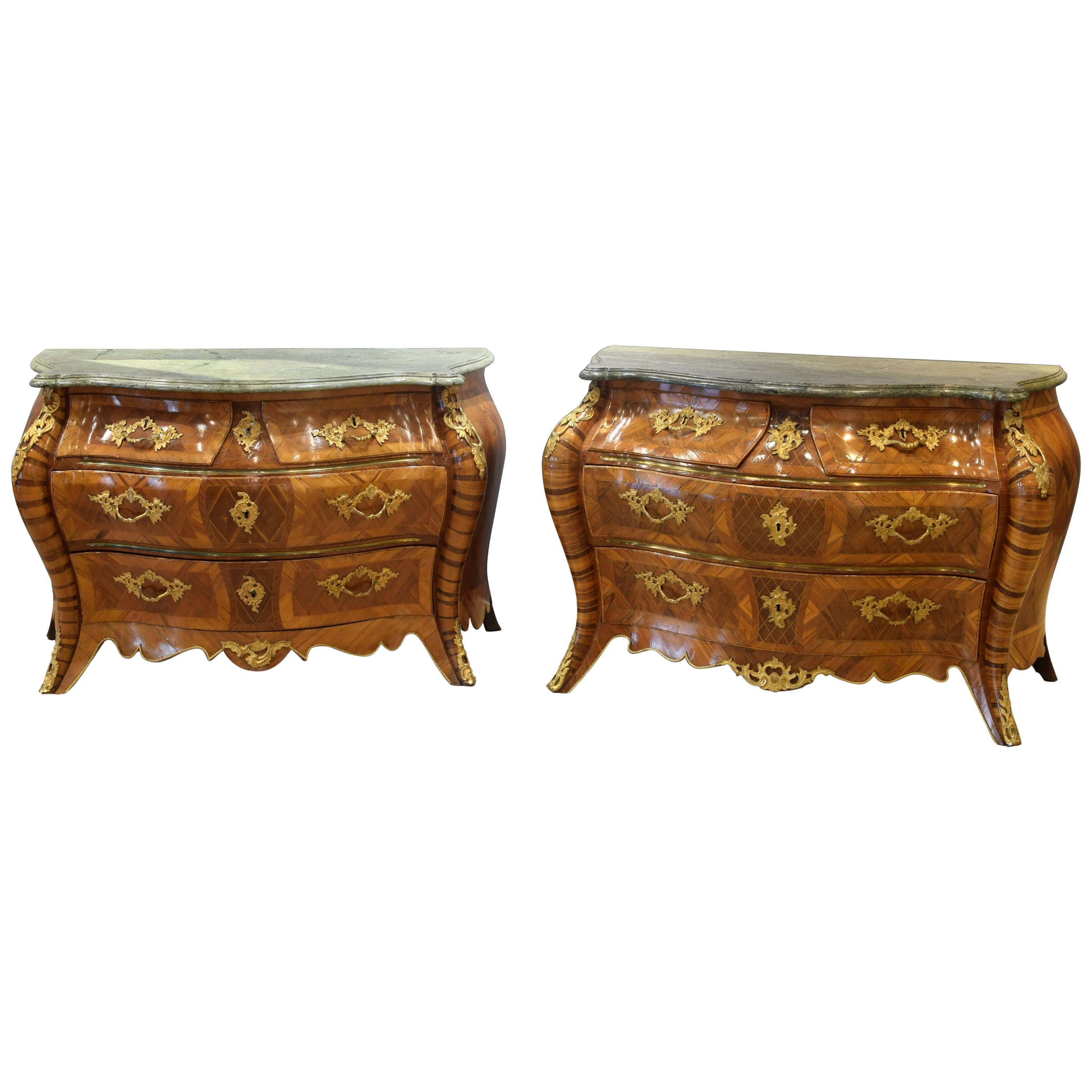 Pair of Bombe Commodes, Wood, Marble, Bronze, Sweden, 18th Century