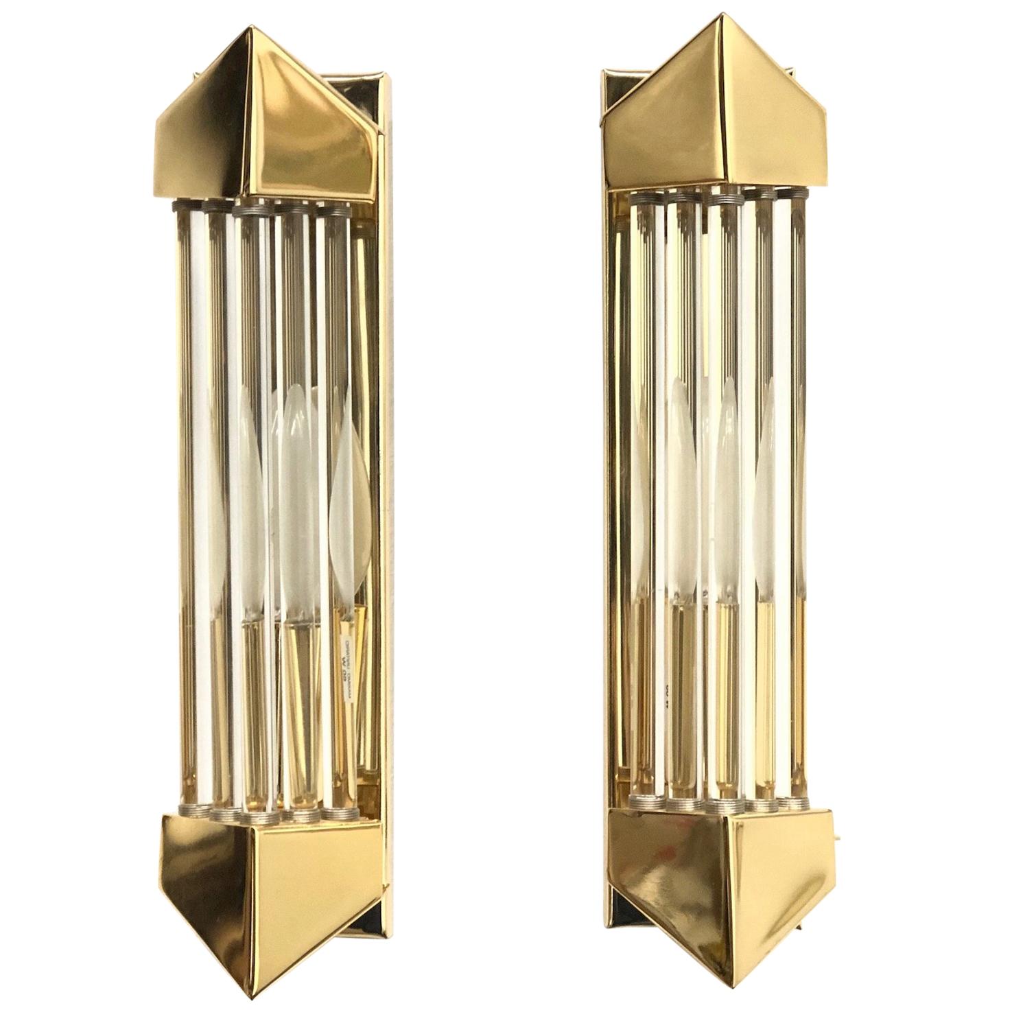 Pair of Brass and Glass Rod Wall Sconces Art Deco Style, Honsel Germany