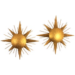 Pair of Wrought Gilt Iron Starburst Sunburst Wall Light Fixtures, Spain 1950s