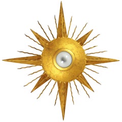 Spanish 1950s Gilt Metal And Milk Glass Floral Sunburst Light
