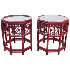 1970s Pair of Spanish Oriental Style Wood Imitating Cane Bamboo Side Tables