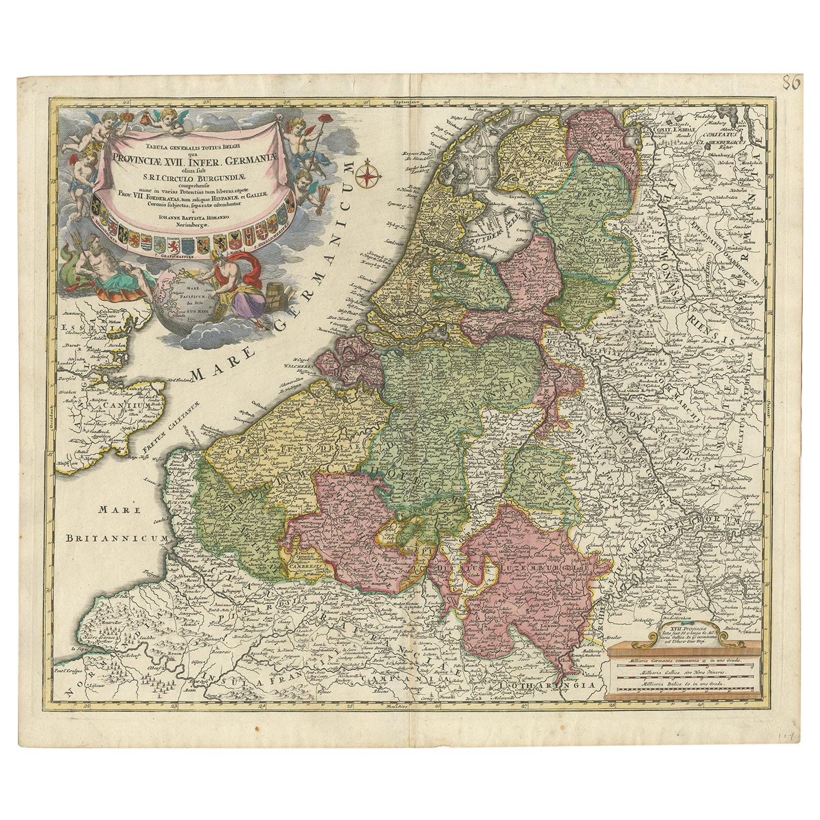 Antike Karte der Niederlande und Belgiens von Homann, um 1710