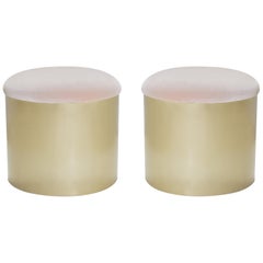 Brushed Brass “Mushroom” Pouf in Blush Velvet by Montage, Pair