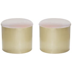 Brushed Brass “Mushroom” Pouf in Blush Velvet by Montage, Pair