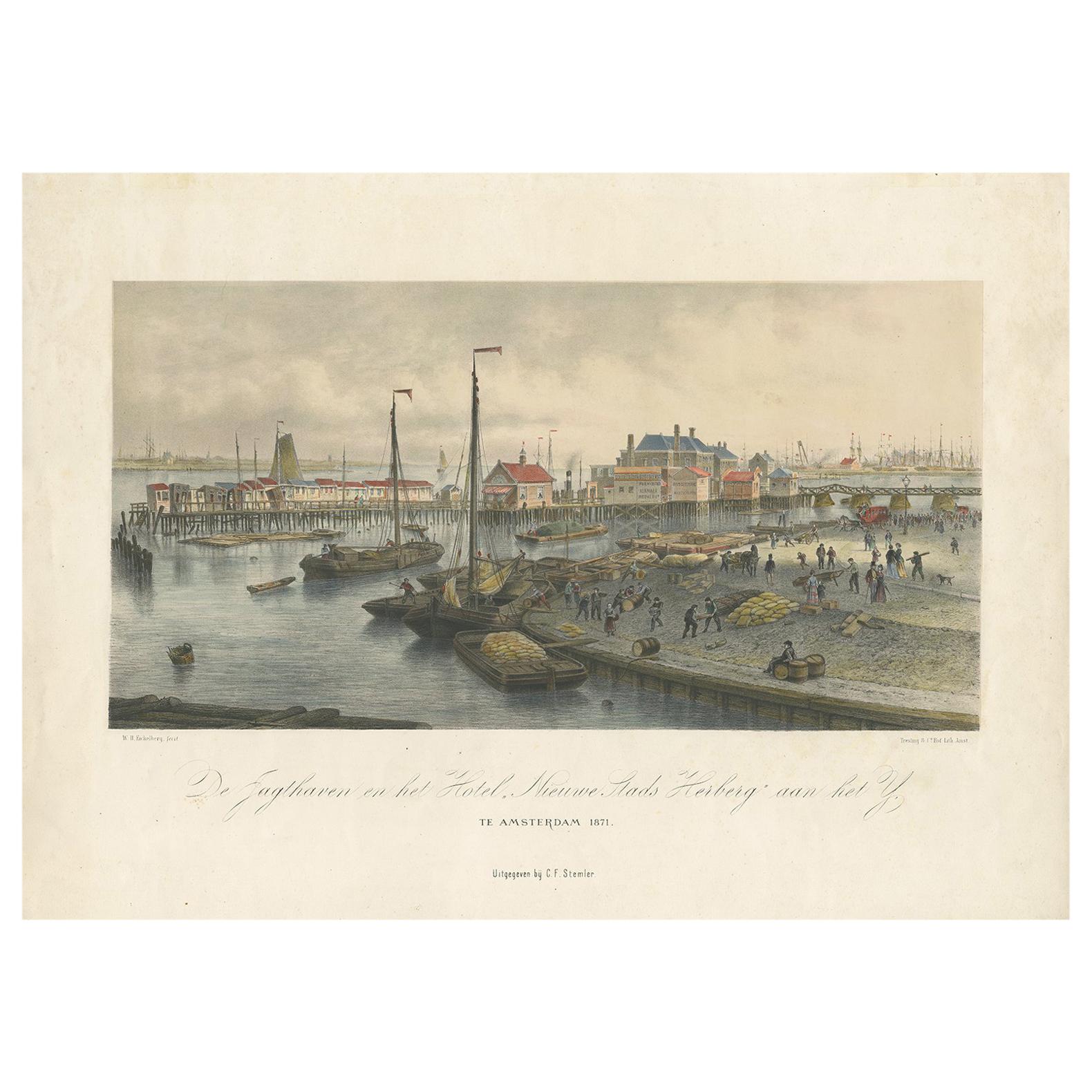 Antique Print of the Harbour of the IJ 'Amsterdam' by Stemler '1871'