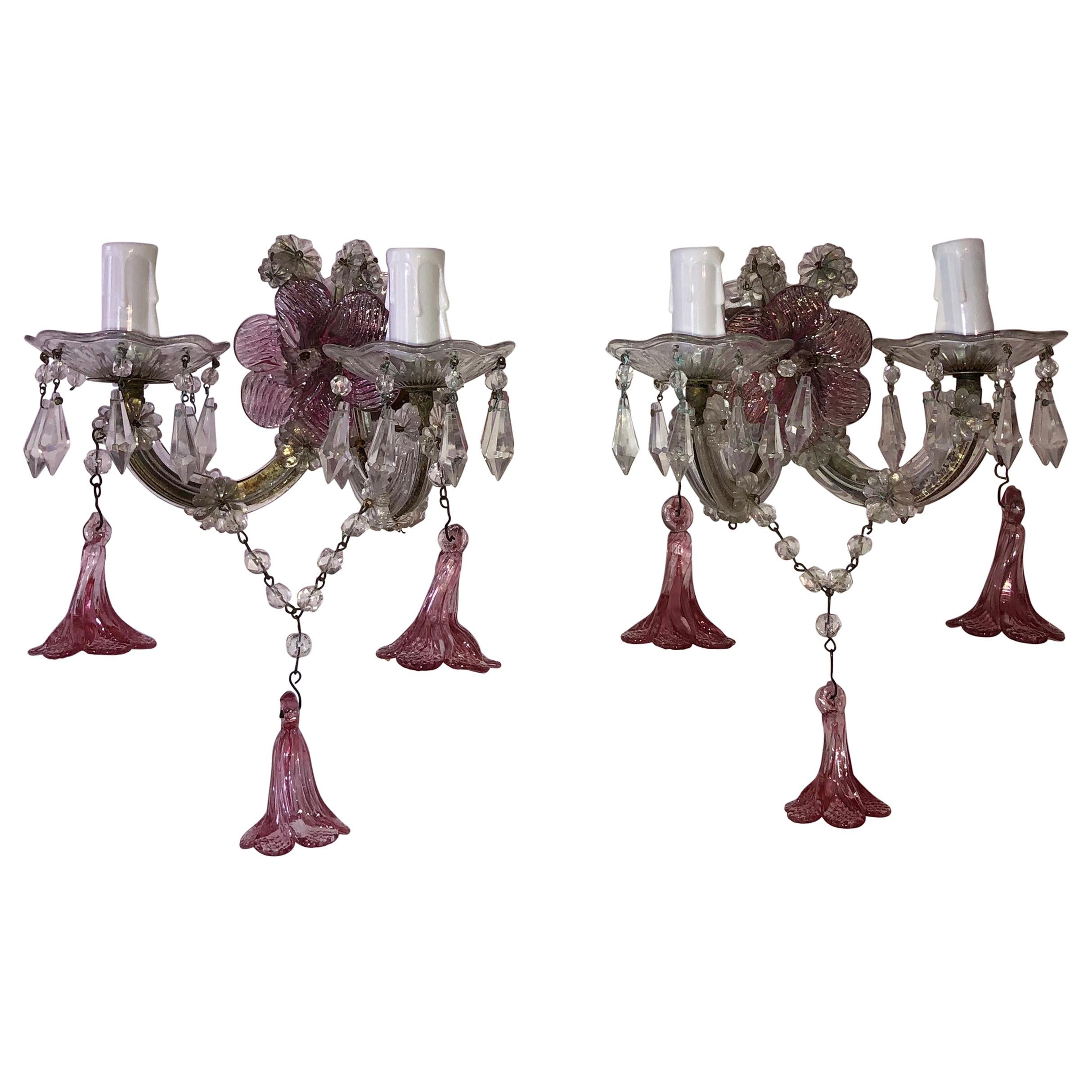 1920 French Fuchsia Murano Flowers and Crystal Prisms Sconces