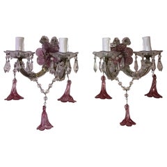 1920 French Fuchsia Murano Flowers and Crystal Prisms Sconces