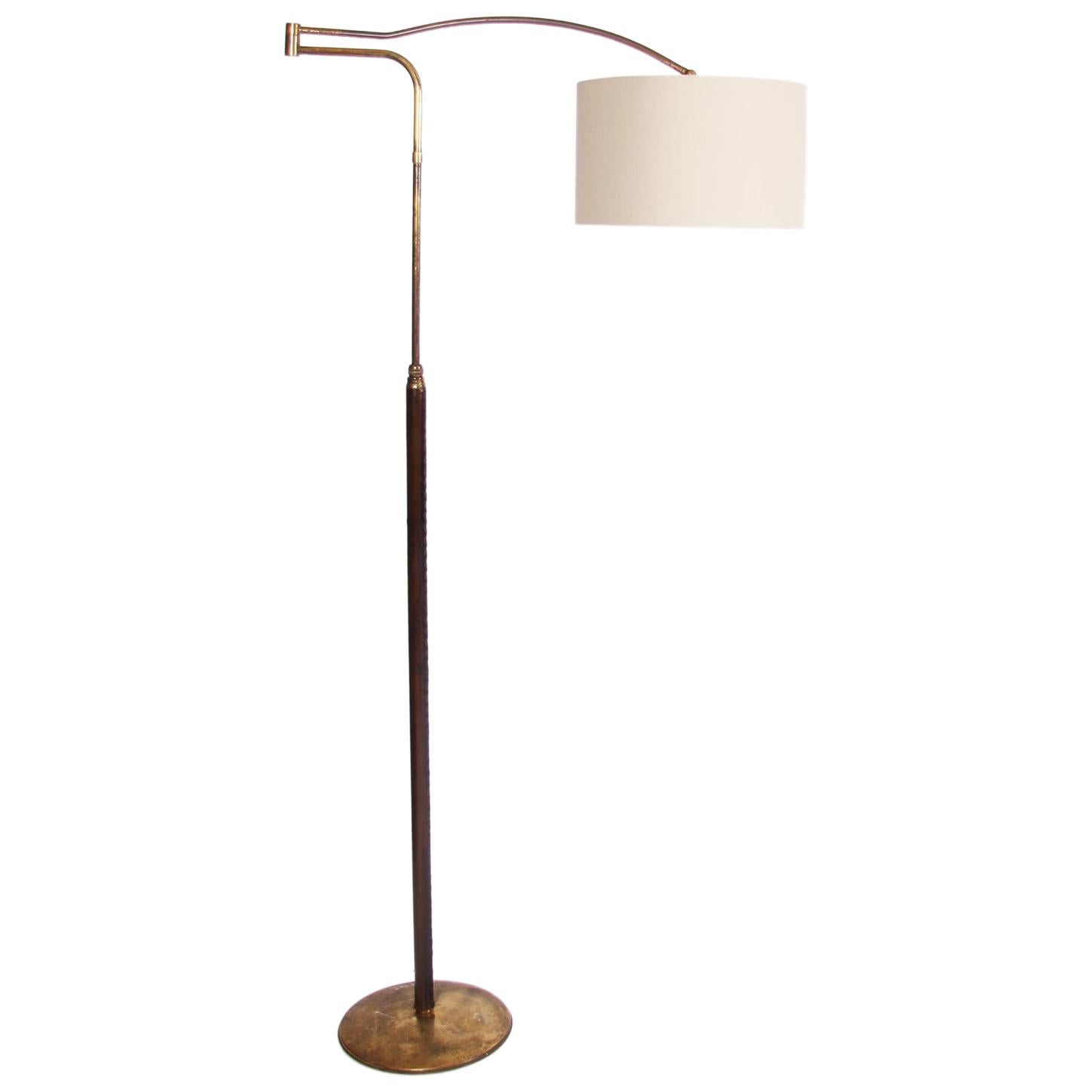 Mid-20th Century Brass and Leather-Covered Swing Arm Floor Lamp