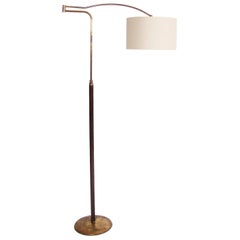 Mid-20th Century Brass and Leather-Covered Swing Arm Floor Lamp