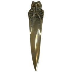 Antique Brass Figural Letter Opener or Paper Knife, Owl, circa 1900, Signed