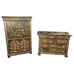 Antique 19th Century Charles X Chinoiserie Walnut Secretaire and Chest of Drawers