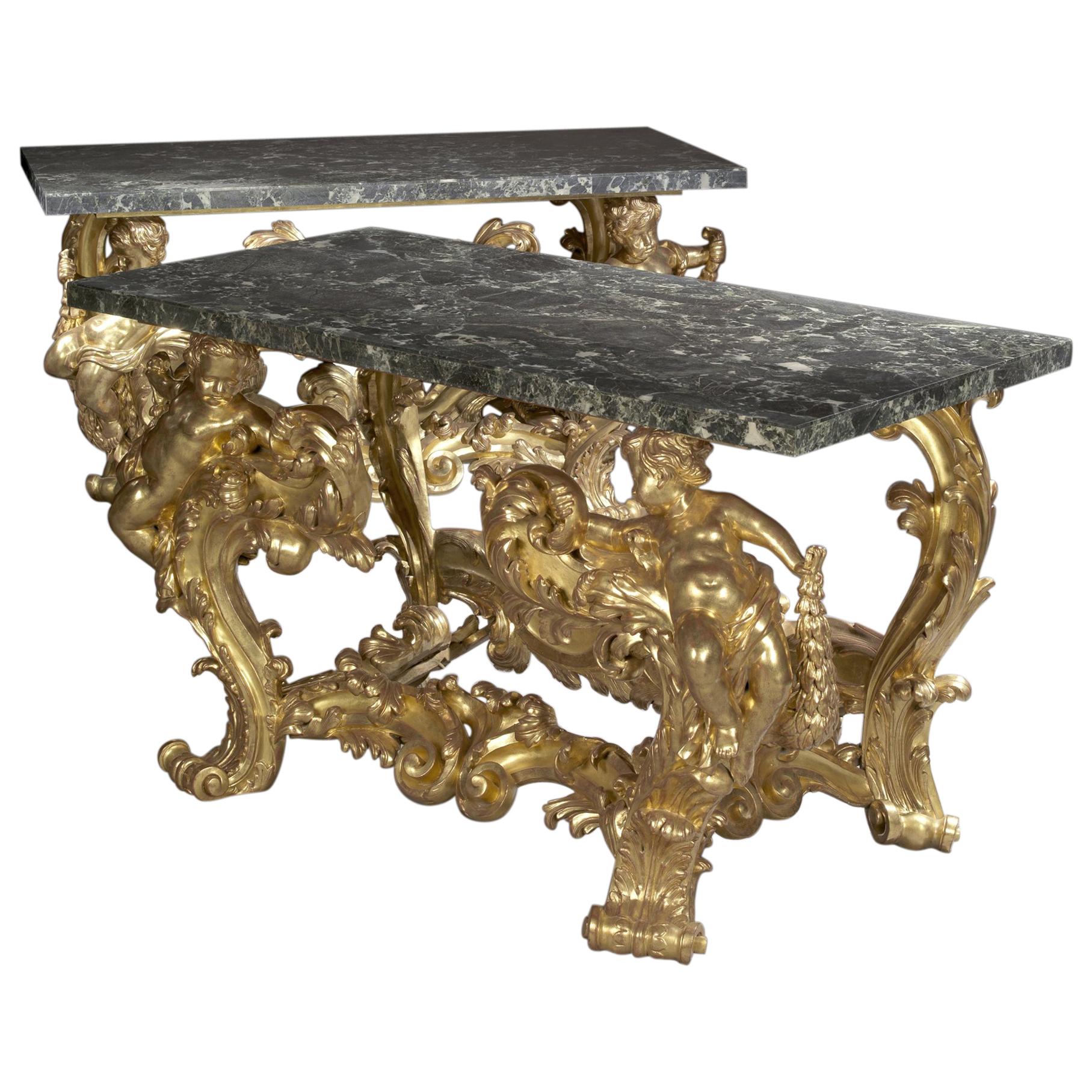 Pair of Palatial Giltwood Console Tables with Marble Tops, circa 1870 For Sale