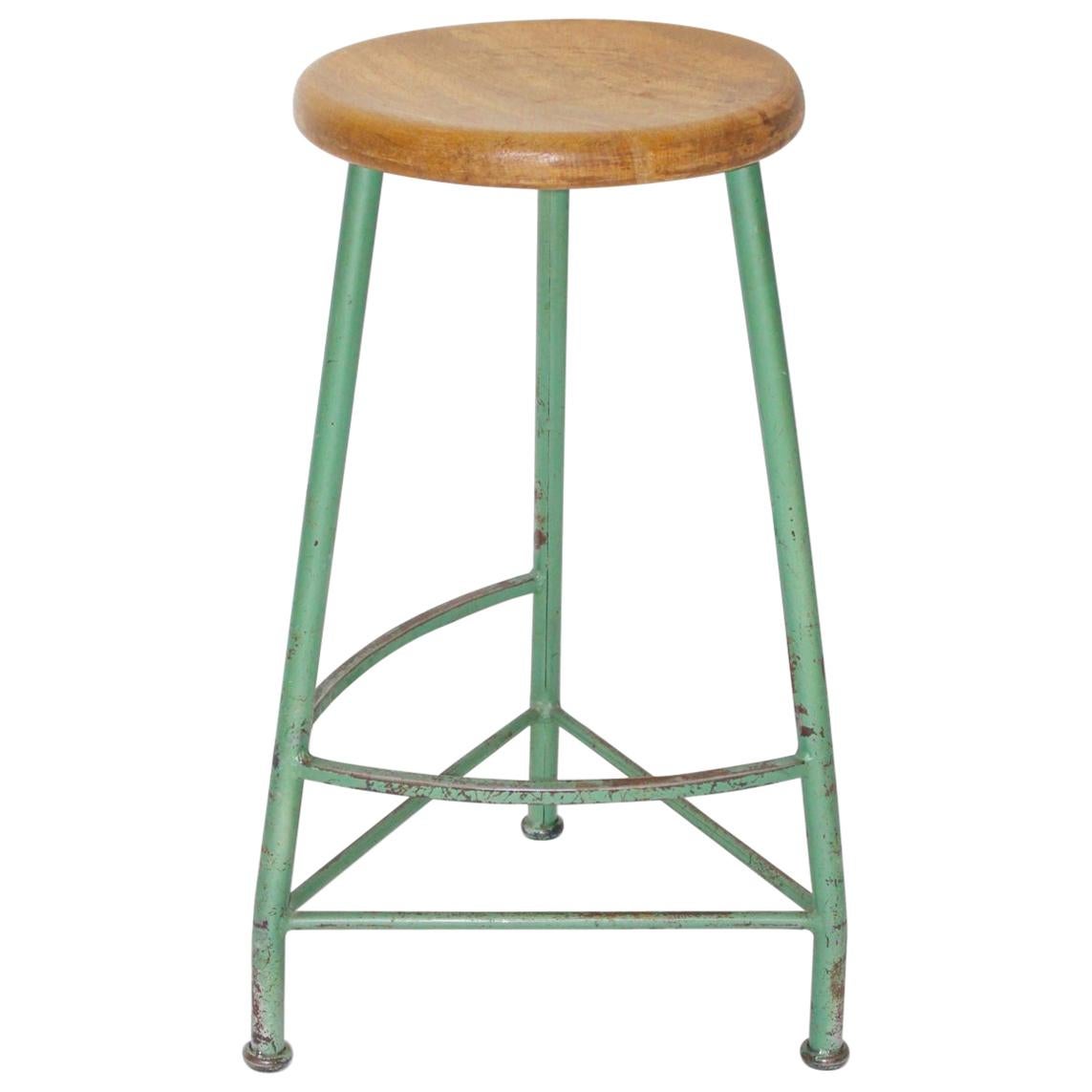 Green Vintage Industrial Stool Kromus Factory Vienna 1950s Steel Beechwood