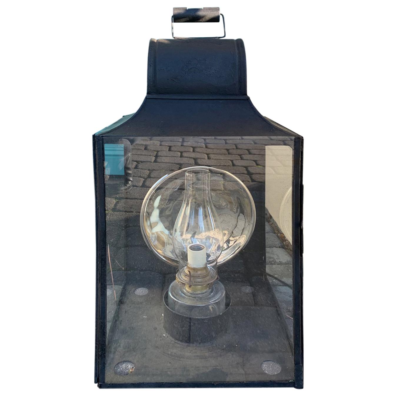 19th Century Painted Tole Former Kerosene Wall Lantern, Mercury Glass Reflector