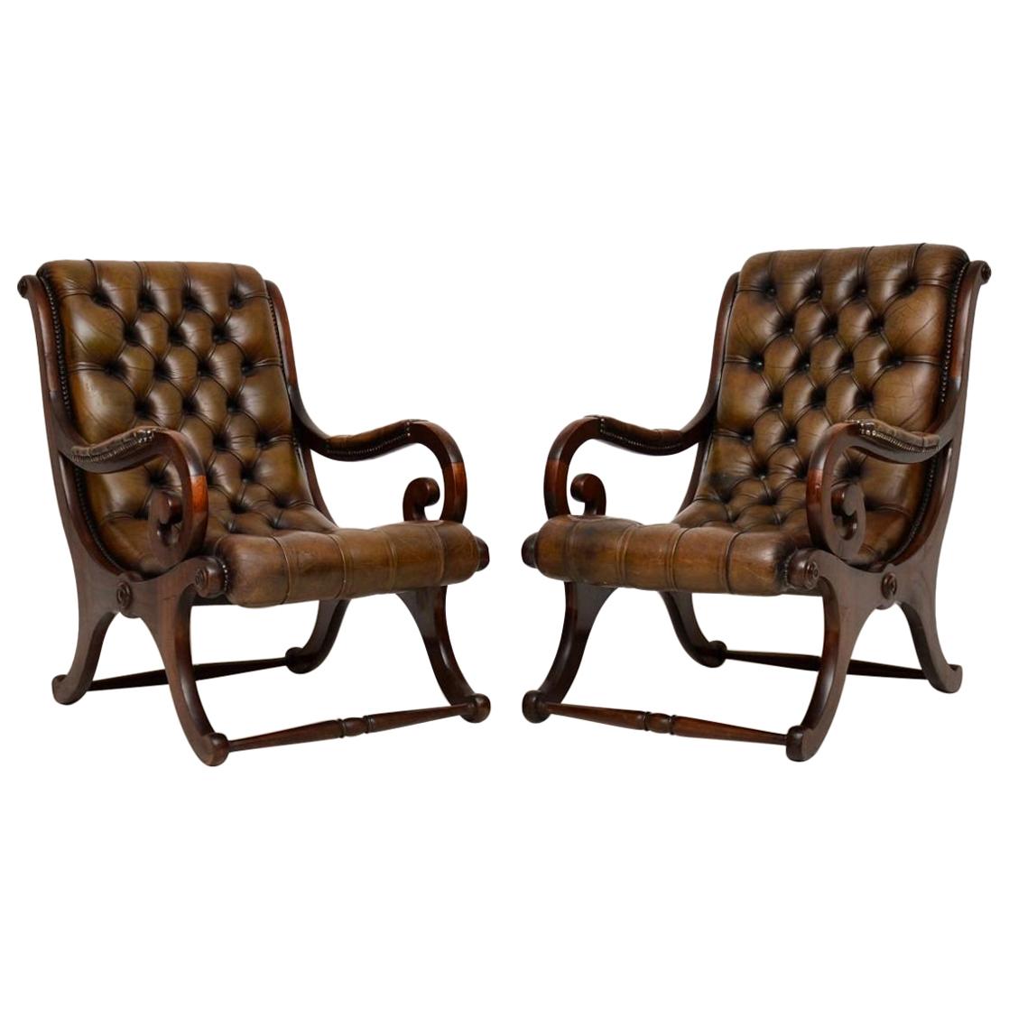 Pair of Antique Mahogany and Leather Armchairs
