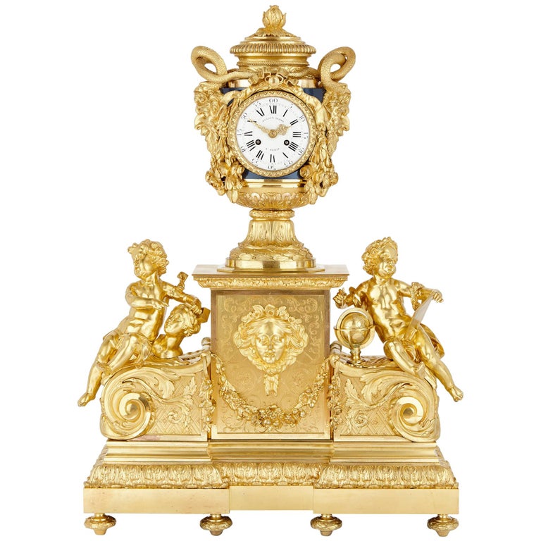 Monumental Napoleon III Period Gilt Bronze Clock after Le Roy For Sale
