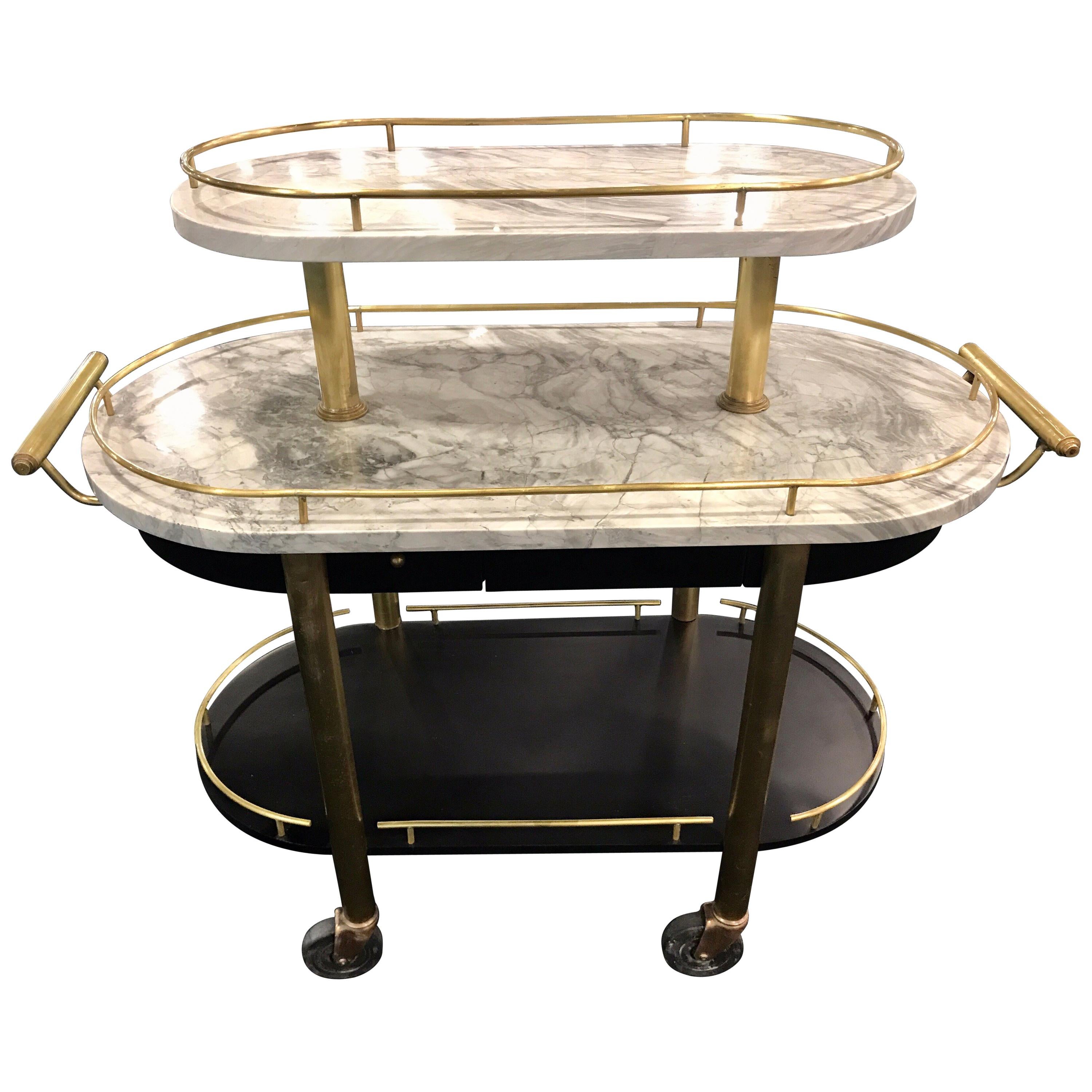 French Art Deco Three-Tier Brass and Carrera Marble Bistro Cart For Sale