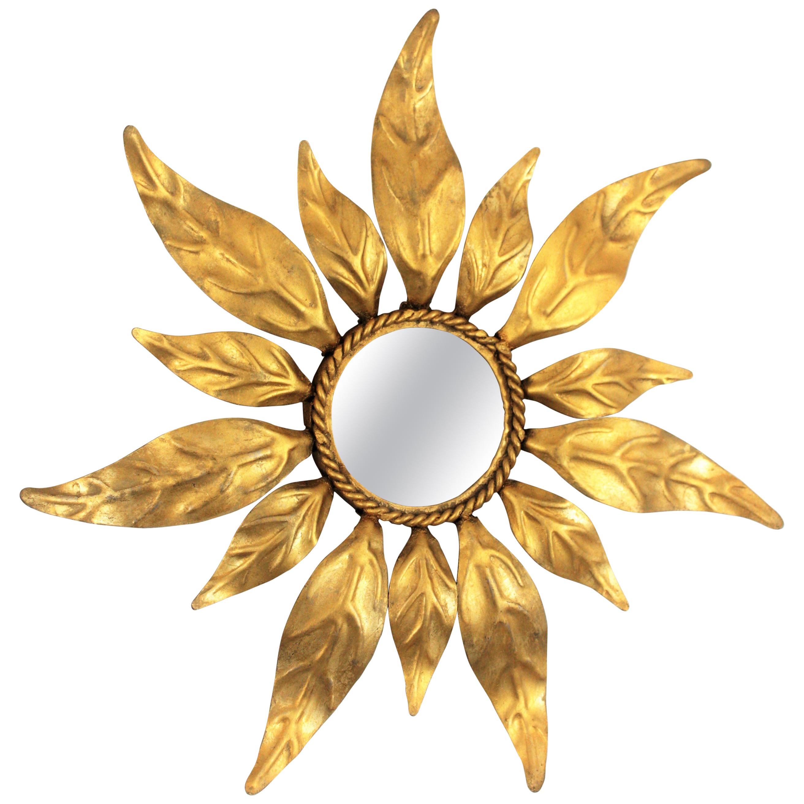 Spanish Mid-Century Modern Gilt Iron Leaf Design Mini Sized Sunburst Mirror