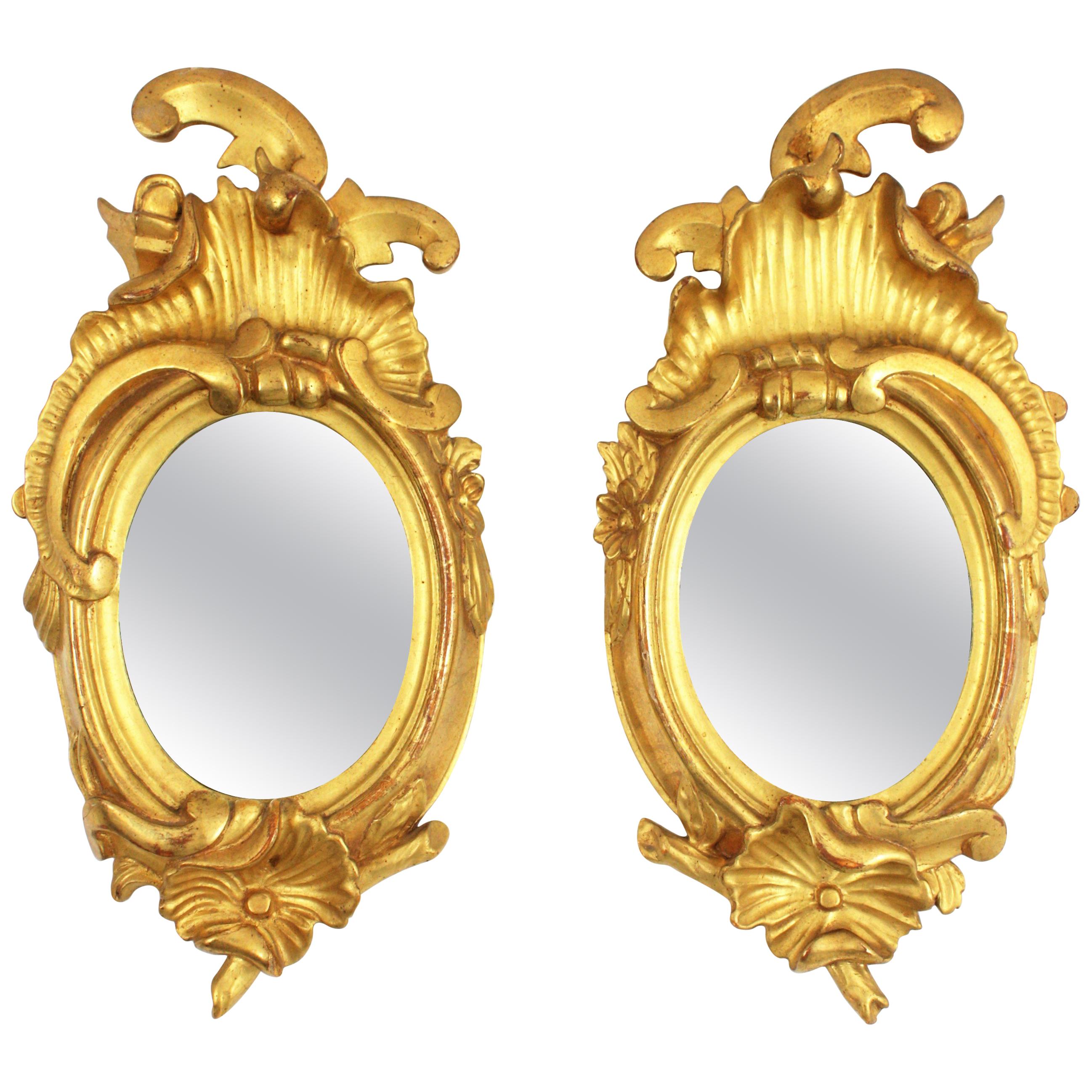 Pair of Art Nouveau Miniature Mirrors in Gold Leaf Giltwood For Sale