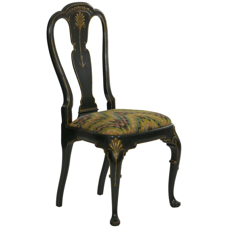 Queen Anne Style Antique Black Lacquer Dining Side Chair, 20th Century