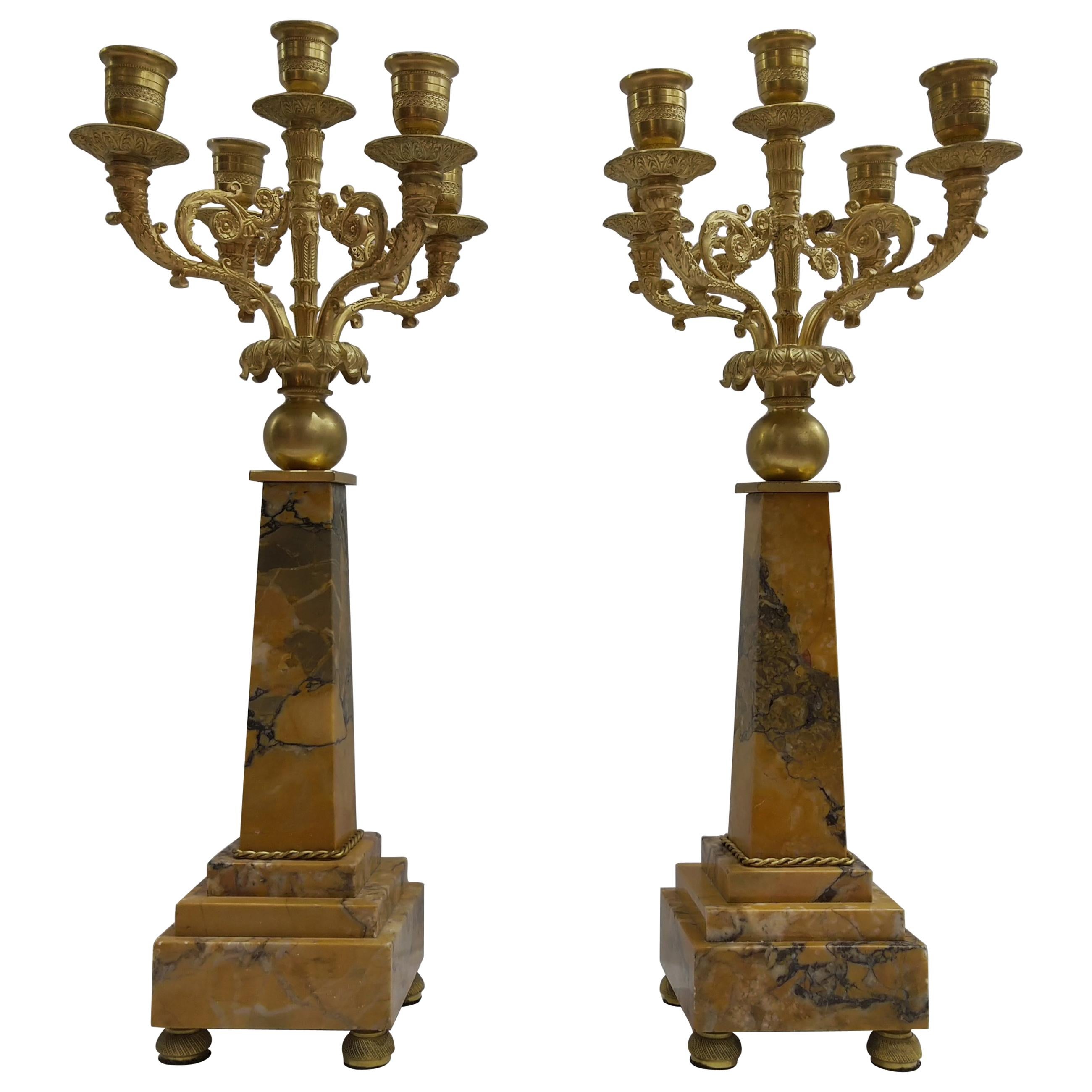 Pair of 19th Century Napoleon III Ormolu Marble Candlesticks LAST PRICE For Sale