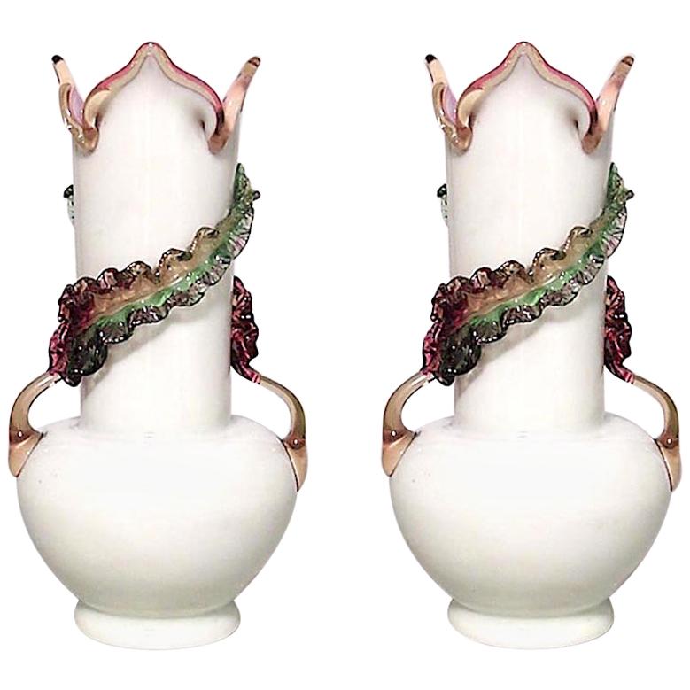 Pair of Italian Murano White and Pink Glass Vases For Sale
