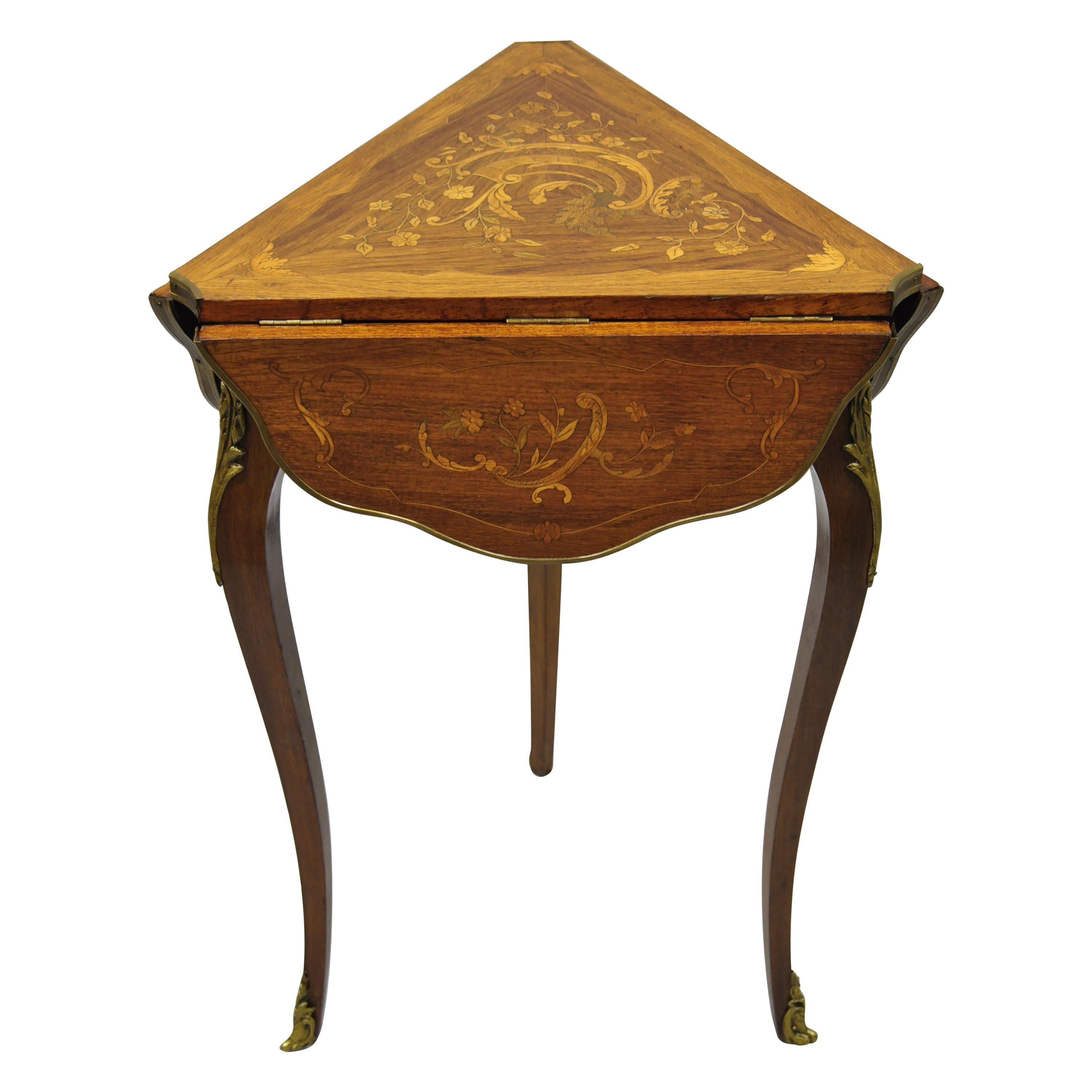 French Louis XV Style Satinwood Inlay Drop-Leaf Side Table with Bronze Ormolu For Sale