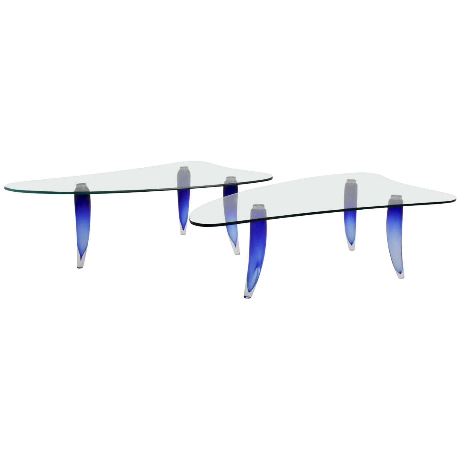 Table basse moderne en verre bleu et transparent Seguso attribuée à Seguso vers 1980, Italie