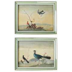 Peintures à l'huile d'exportation chinoise représentant des oiseaux dans des cadres en placage de verre, XIXe siècle